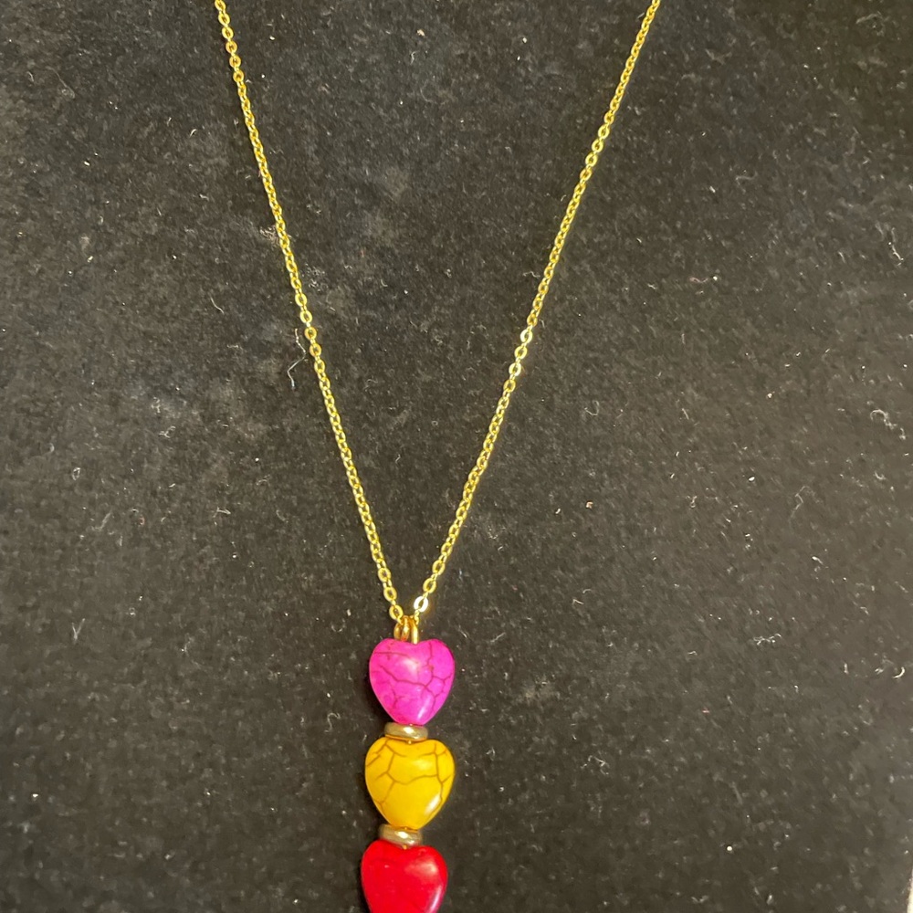 Gold Chain Necklace with Pink, Yellow, and Red Heart real stone Beads
